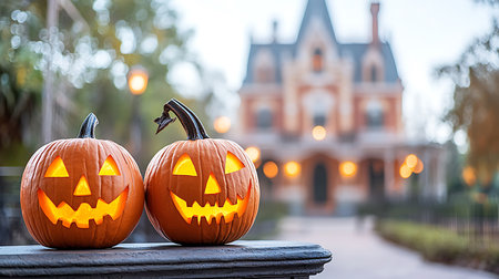 Halloween pumpkins on the background of the church. Halloween conceptの写真素材