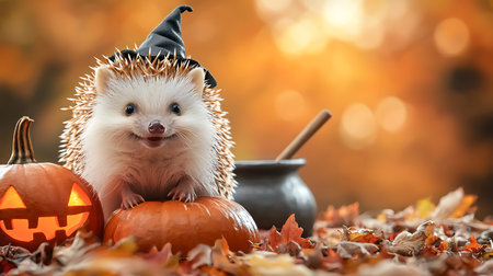 Hedgehog in halloween costume with pumpkins on autumn backgroundの写真素材