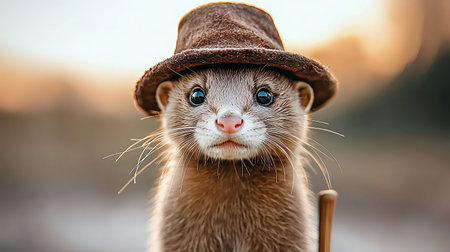 Close up portrait of a cute little ferret in a hat.の写真素材