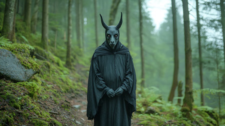 Creepy dark forest witch in a black cloak with horns and hornsの写真素材