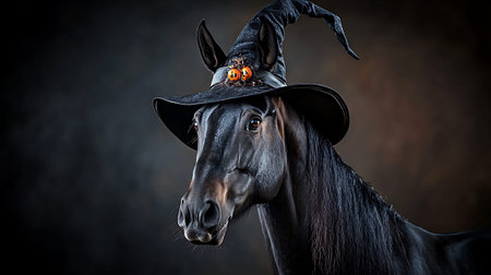 Halloween concept. Portrait of black horse in witch hat on dark backgroundの写真素材