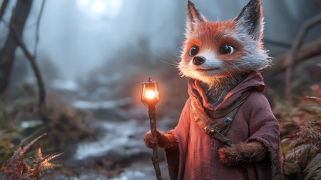 Fairytale image of a fox with a lantern in the forestの写真素材