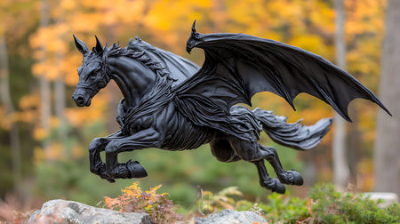 Statue of a black horse in a park in autumn colors.の写真素材