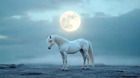 White horse in the desert with full moon. 3d rendering.の写真素材