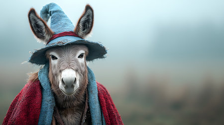 Donkey in a hat and a scarf on a foggy backgroundの写真素材