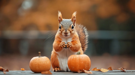 Cute squirrel with pumpkins outdoors on autumn day, closeupの写真素材