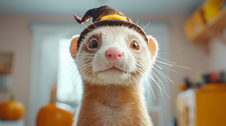 Cute ferret wearing a hat on the background of a pumpkinの写真素材