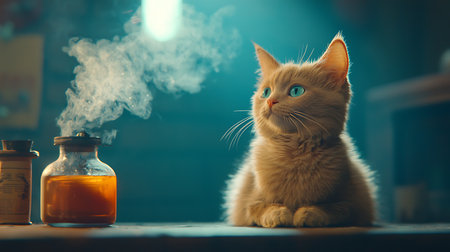Cat with smoke and a bottle of medicine on a dark background.の写真素材