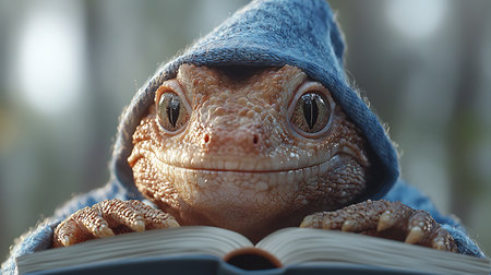 turtle in the hood of a blue sweater and a book.の写真素材