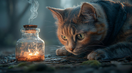 Cute ginger cat with burning candle in the forest at night.の写真素材