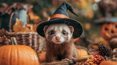 funny ferret in halloween costume on pumpkins backgroundの写真素材
