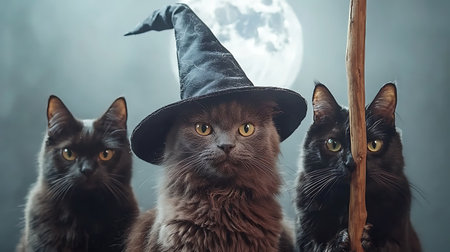 Three black cats in witch's hat and broomstick on dark backgroundの写真素材