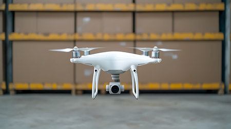 Drone with digital camera flying in warehouse. 3D rendering.