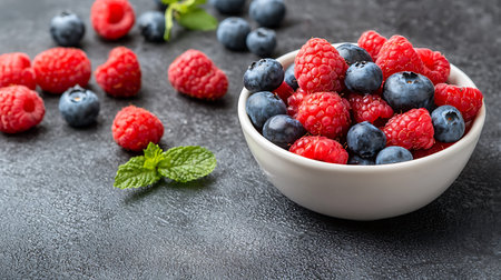 Bowl with fresh blueberries and raspberries on dark background
