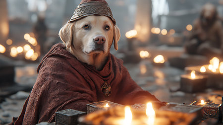Portrait of a dog with a fire in the background.の写真素材