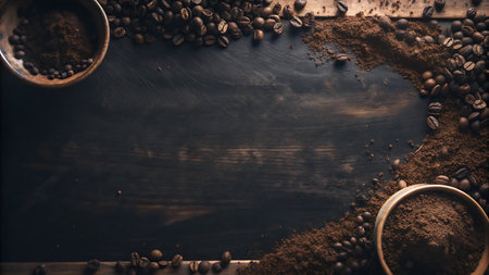 Coffee beans and ground coffee on a black wooden background.の写真素材