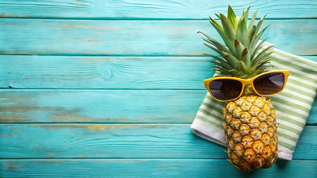 Pineapple with sunglasses and towel on turquoise wooden backgroundの写真素材