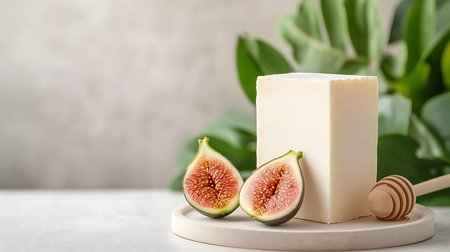 Handmade soap with fresh figs and honey on white marble tableの写真素材