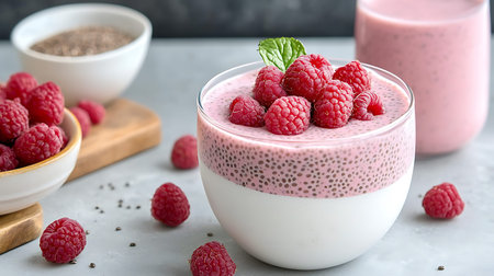 Chia seed pudding with raspberries and chia seeds in a glassの写真素材