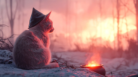 Cute cat in a hat with a candle in the winter forestの写真素材
