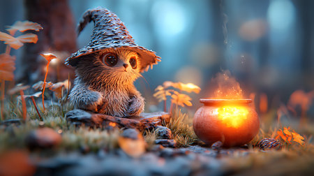 Cute owl in a witch's hat with a cauldron. Halloween concept.の写真素材