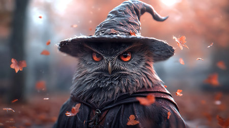 Witch in the autumn forest. Halloween. Owl in a witch costume.の写真素材