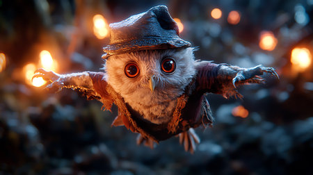 Owl in a witch hat on the background of a burning fireの写真素材