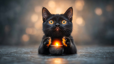Cute black kitten with burning candle on dark background with bokehの写真素材