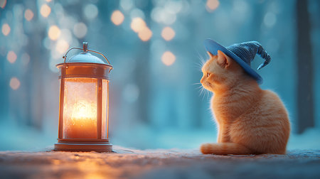 Cute ginger cat in hat sitting near lantern in winter forest.の写真素材