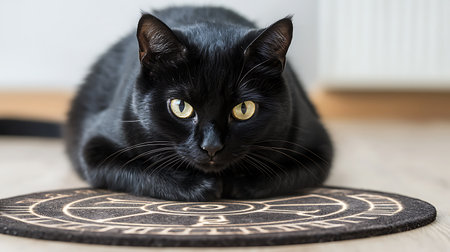 Black cat with yellow eyes lying on the carpet and looking at cameraの写真素材