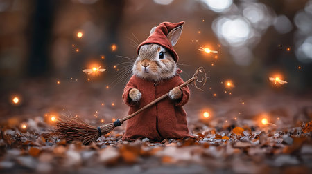Cute little rabbit in costume of witch with broom in autumn forestの写真素材