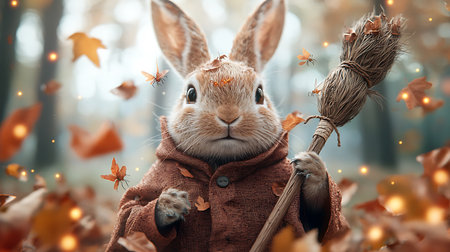 Cute little rabbit with broom in autumn forest. Happy Halloween.の写真素材