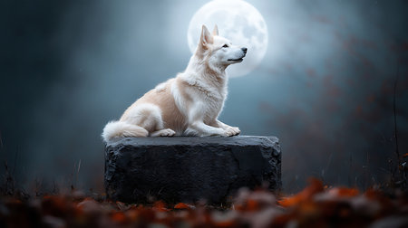 Husky dog sitting on a stone in the autumn forest with moonの写真素材