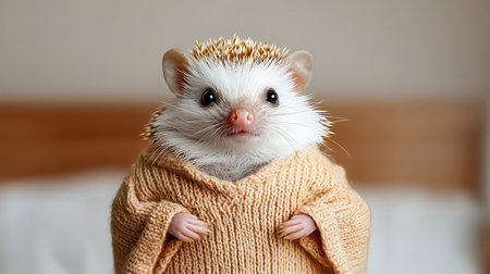 Hedgehog in a warm sweater on the bed at home.の写真素材
