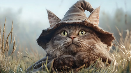 Funny cat in a witch's hat on a background of green grassの写真素材