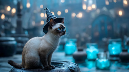 Cute siamese cat in a witch hat sitting on a bucket with candlesの写真素材