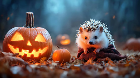 Hedgehog in halloween costume with pumpkin on the backgroundの写真素材