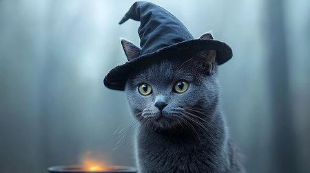Portrait of a gray cat in a witch's hat on a dark backgroundの写真素材