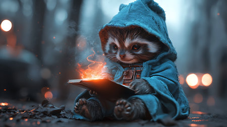 Cute little red cat reading a book in the forest. Fairy tale concept.の写真素材