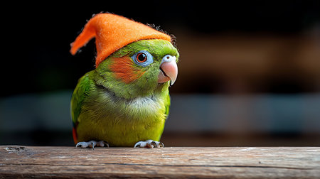 Parrot in orange hat on wooden background, closeup of photo