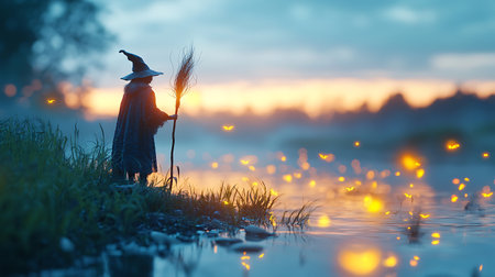 Witch in a hat with a broom on a background of a beautiful sunsetの写真素材