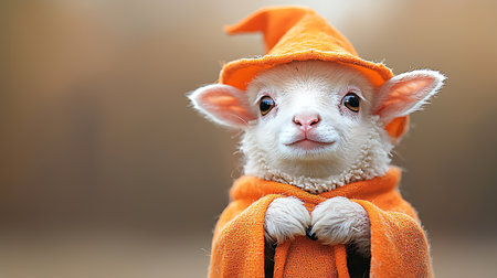 Cute little lamb wearing orange hat and scarf for Halloween celebration.の写真素材