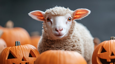 Cute sheep and pumpkins for halloween. Selective focus.の写真素材