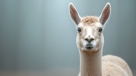 Portrait of alpaca on grey background. Close up.の写真素材