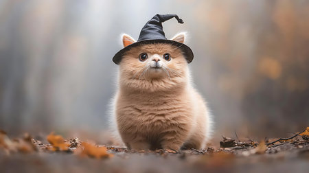 Cute cat wearing witch hat in autumn forest. Halloween concept.の写真素材