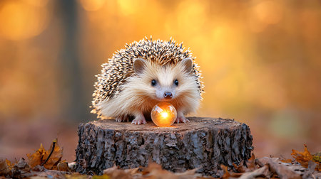 Hedgehog on a stump in the autumn forest with a ballの写真素材