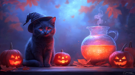 Halloween cat in witch hat with pumpkins and vase of potionの写真素材