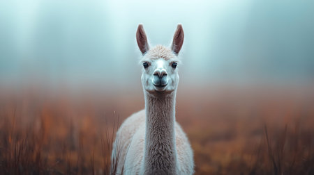 Llama in a foggy field, looking at camera.