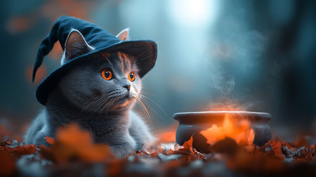 Halloween cat in witch hat with cauldron on autumn leaves backgroundの写真素材