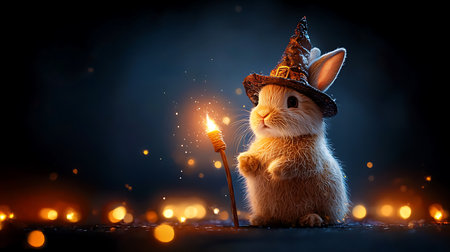 Cute Easter bunny in a hat with a sparkler on a dark backgroundの写真素材